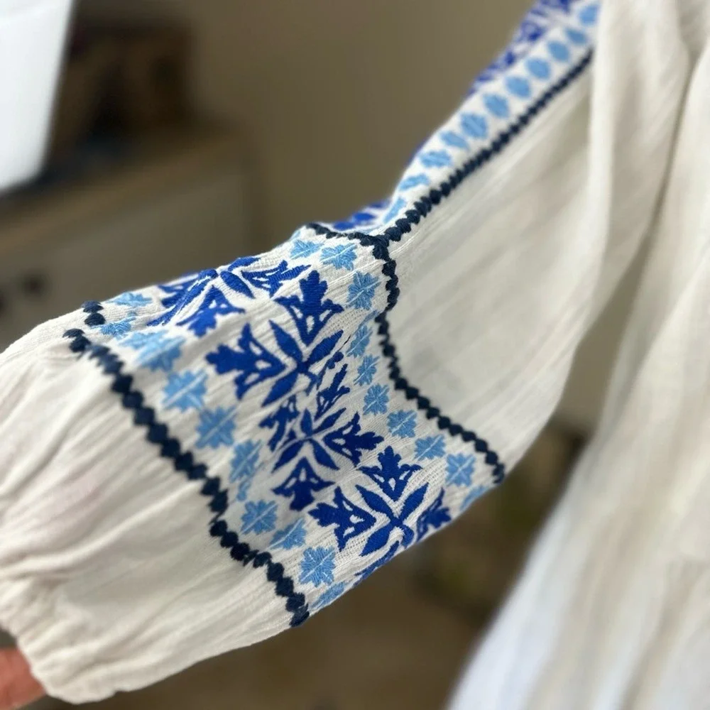 Tommy Bahama NWT Size LGE  Mykonos White &‎ Blue Embroidered  tiered midi Dress - Picture 9 of 16